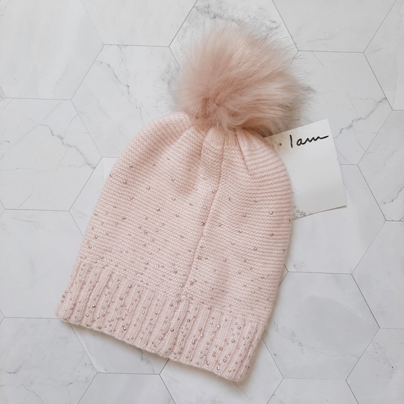 Sparkly Pink Beanie with Faux Fur Poof - Picture 2 of 2